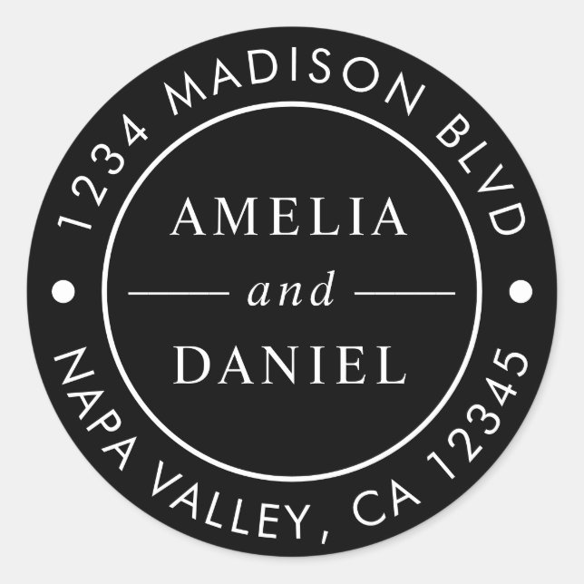 Black Simple Round Return Address Classic Round Sticker (Front)
