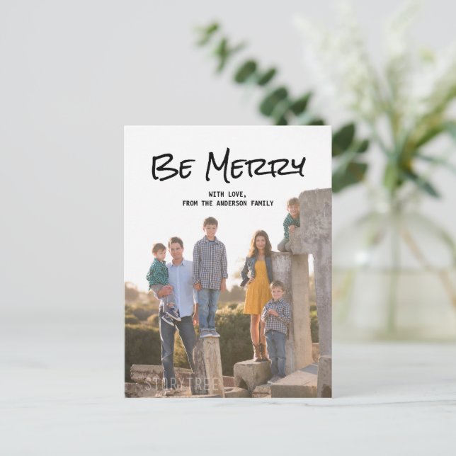 Black Simple Script Be Merry Photo Postcard (Standing Front)