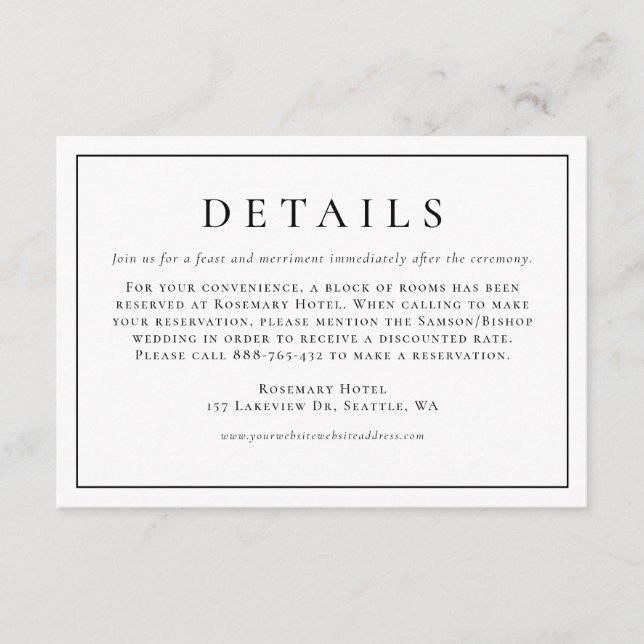 Black Simple Typography Formal Wedding Details Enclosure Card (Front)