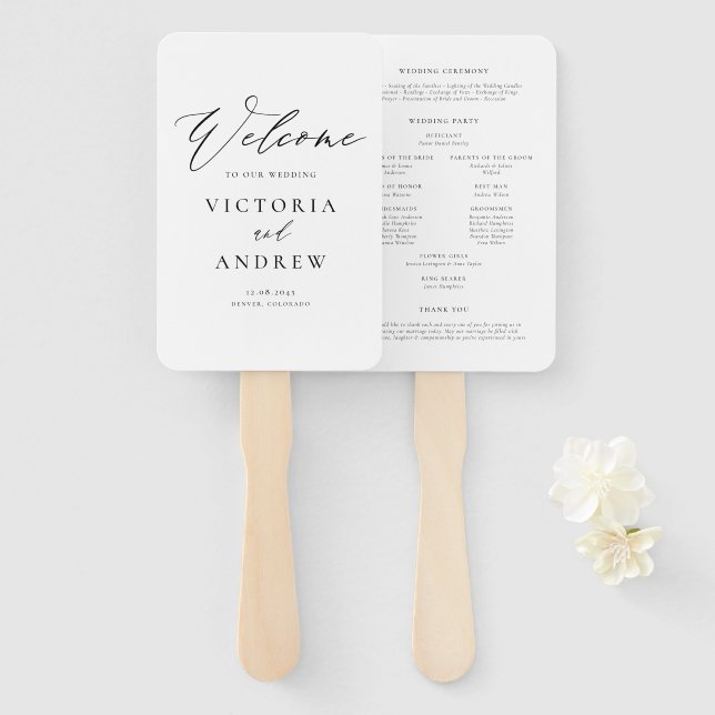 Black Simple Typography Formal Wedding Program Hand Fan (Front and Back)