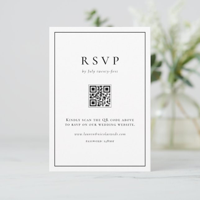 Black Simple Typography QR Code Formal Wedding RSVP Card (Standing Front)