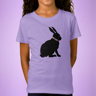 Black Sitting Bunny in Silhouette Form Flowers T-Shirt