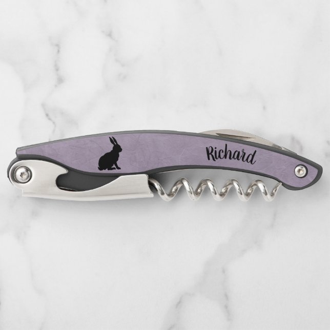 Black Sitting Silhouette Rabbit on Light Purple Corkscrew (Front)