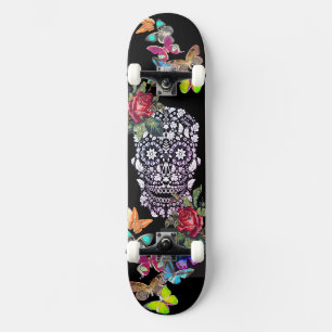 BLACK SKATEBOARD SKULL FLOWERS AND BUTTERFLIES