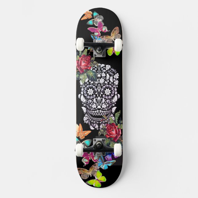 BLACK SKATEBOARD SKULL FLOWERS AND BUTTERFLIES (Front)