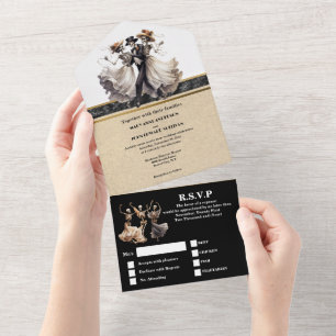 Black skeleton bride groom gothic wedding  all in one invitation