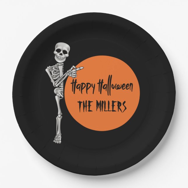 Black Skeleton Halloween Paper Plates (Front)
