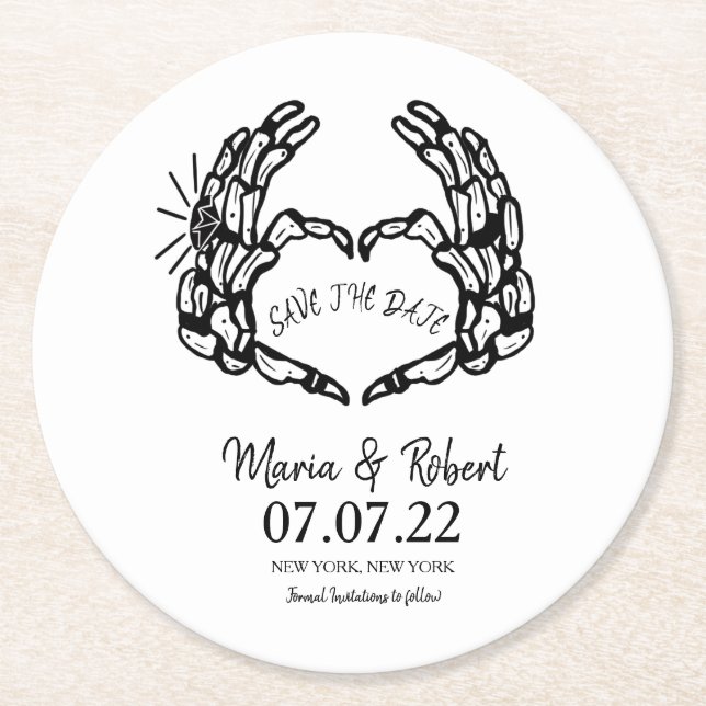 Black Skeleton Hand Heart Wedding Rings Doodle Inv Round Paper Coaster (Front)