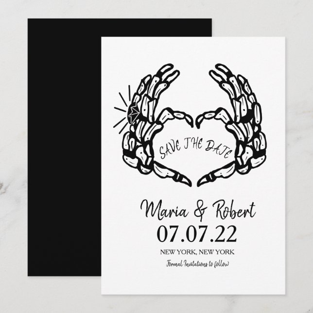 Black Skeleton Hand Heart Wedding Rings Doodle Invitation (Front/Back)
