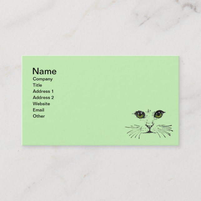 Black Sketch of Cat Face Green Yellow Eyes Business Card (Front)