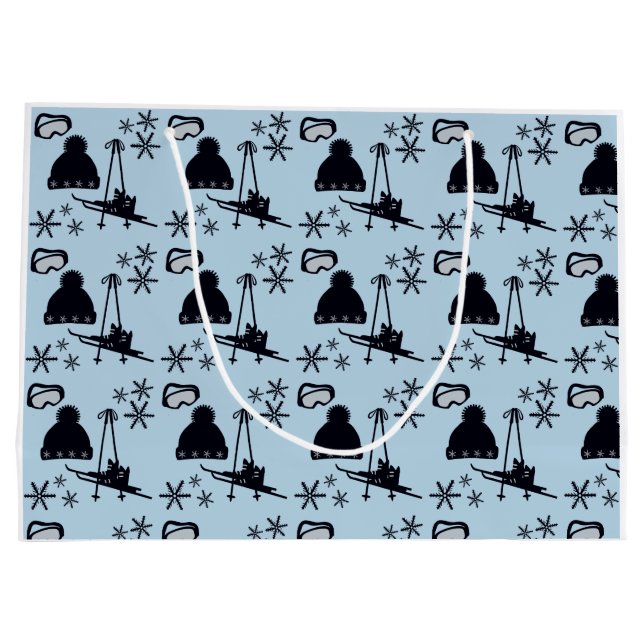 Black ski equipment & snowflakes on blue large gift bag (Back)