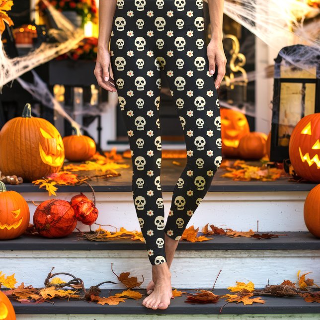 Black Skull and Flowers Floral Halloween Leggings (Creator Uploaded)