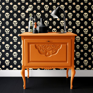 Black Skull and Flowers Halloween Wallpaper