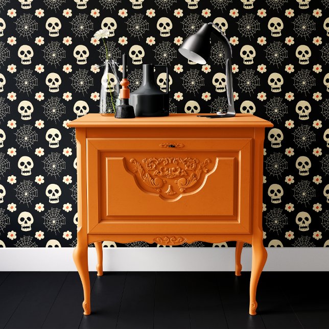 Black Skull and Spider Web Floral Halloween Wallpaper (Creator Uploaded)