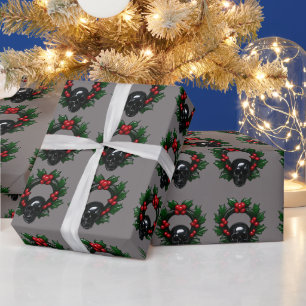 Black Skull Holly Berries Gothic Christmas Wrapping Paper
