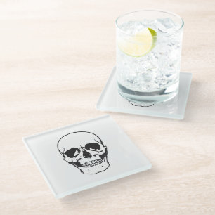 Black Skull Line Drawing Glass Coaster