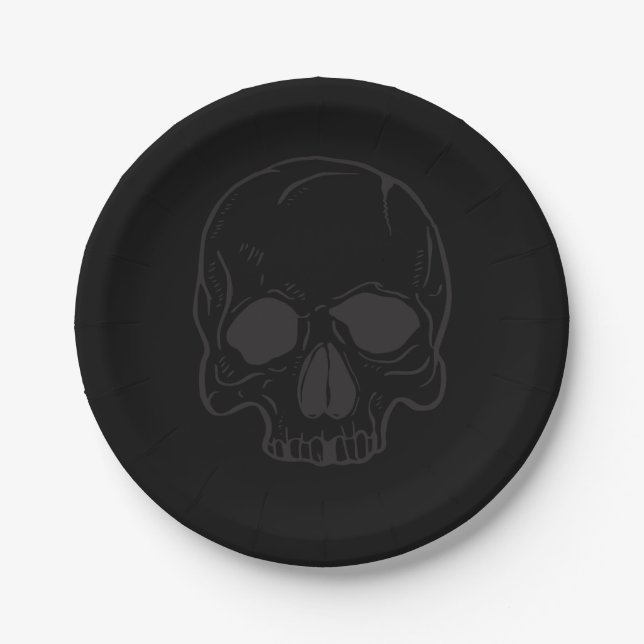 Black Skull Rock Star Cool Black Birthday Party Paper Plate (Front)