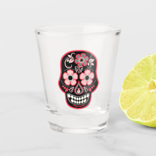 Black Skull with Flowers Shot Glass