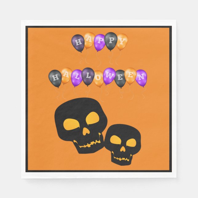Black Skulls Happy Halloween Balloons Napkin (Front)