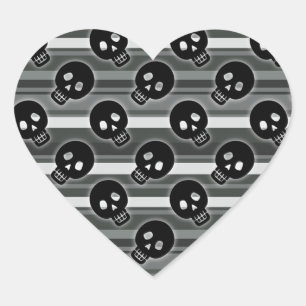 Black Skulls on Black White Stripe Pattern Heart Sticker