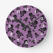 Black Skulls on Purple Background Wall Clock