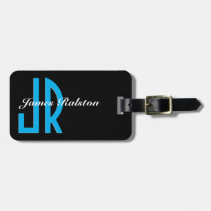 Black, Sky Blue Monogram, Personalise Luggage Tag