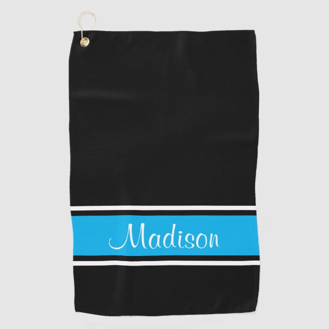 Black Sky Blue Stripe Script Name Golf Towel (Front)