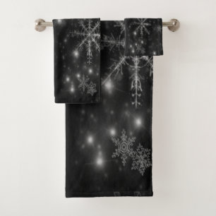 Black Sky with White and Grey Snowflakes Towel Set