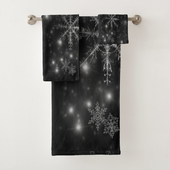Black Sky with White and Grey Snowflakes Towel Set (Insitu)
