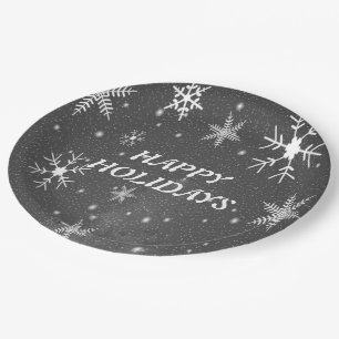 Black Sky with White and Grey Snowflakes, ZSSG Paper Plate
