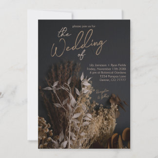 Black Slate Dark Dried Floral Boho Rustic Wedding Invitation