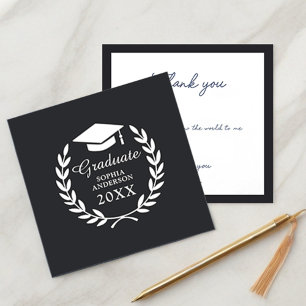 Black Sleek Graduation Laurel Wreath School Emblem Thank You Card