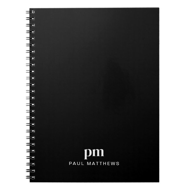 Black Sleek Professiona Monogram Initials and Name Notebook (Front)