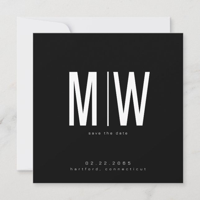 Black Sleek Square Monogram Wedding Save the Date (Front)