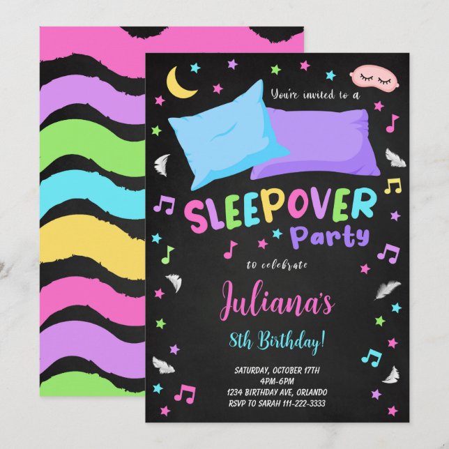 Black Sleepover Party Birthday Invitation (Front/Back)