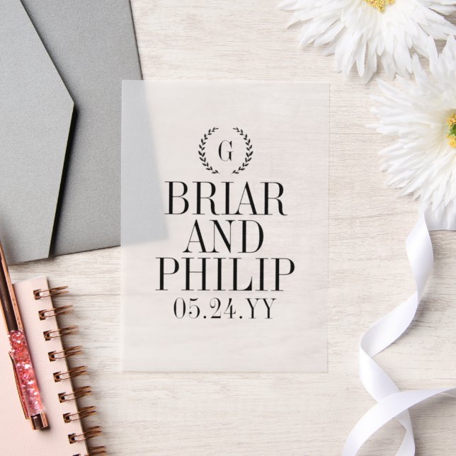 Black Slender Laurel Wreath Monogram Wedding Vellum Invitations (Wedding)