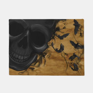 Black Smiling Skull surrounded by Bats and Smoke Doormat