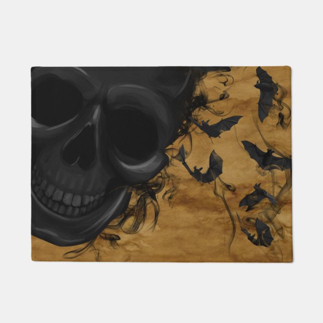 Black Smiling Skull surrounded by Bats and Smoke Doormat (Front)