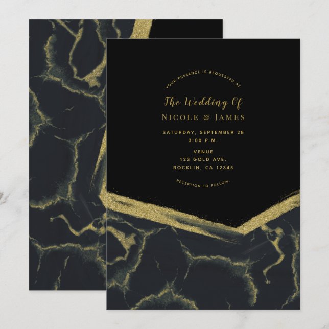 Black Smoke & Gold Marble Chic Modern Wedding Invitation (Front/Back)
