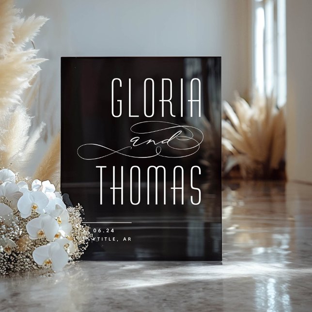 Black Smokey Modern Minimalist Wedding Welcome Acrylic Sign (Smokey Black Wedding Welcome Sign)