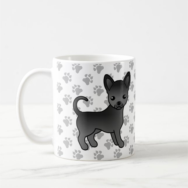 Black Smooth Coat Chihuahua Cartoon Dog & Paws Coffee Mug (Left)