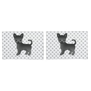 Black Smooth Coat Chihuahua Cartoon Dog & Paws Pillowcase
