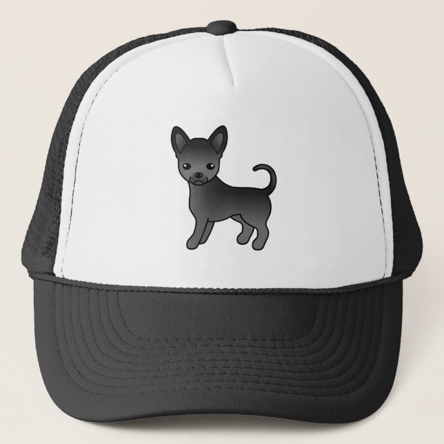 Black Smooth Coat Chihuahua Cute Cartoon Dog Trucker Hat (Front)