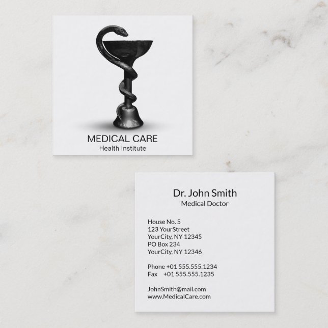 Black Snake Bowl Hygieia Medical White Caduceus Square Business Card (Front/Back)