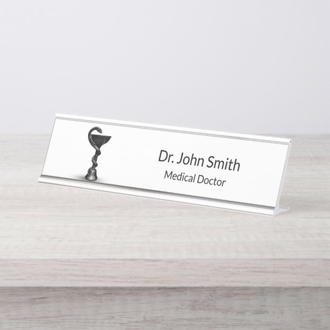 Black Snake Bowl Hygieia White Medical Caduceus Desk Name Plate (Front)