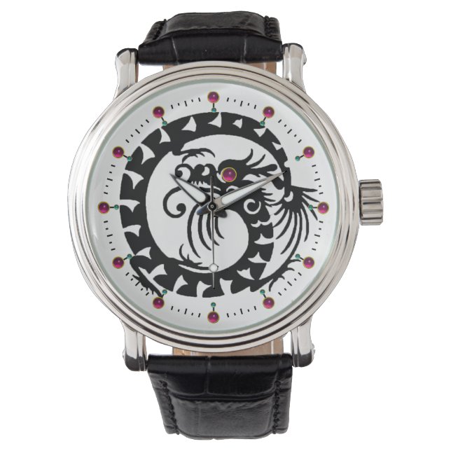 BLACK SNAKE DRAGON,White ,Red Ruby Gemstones Watch (Front)