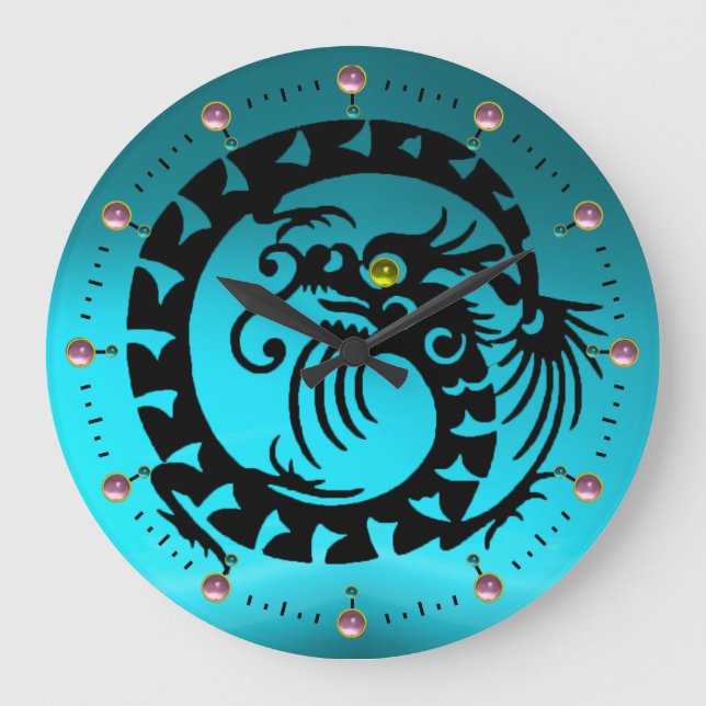 BLACK SNAKE DRAGON WITH AQUA BLUE PINK GEMSTONES LARGE CLOCK (Front)