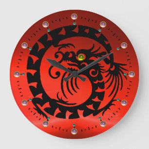 BLACK SNAKE DRAGON WITH RED PINK GEMSTONES LARGE CLOCK