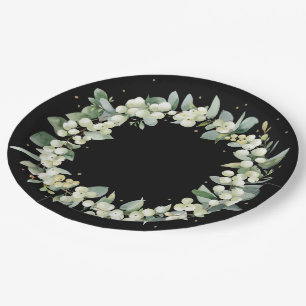 Black Snowberry Christmas Wreath Holiday Party Paper Plate