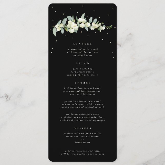 Black Snowberry+Eucalyptus 4 Course Wedding Flat Menu (Front)